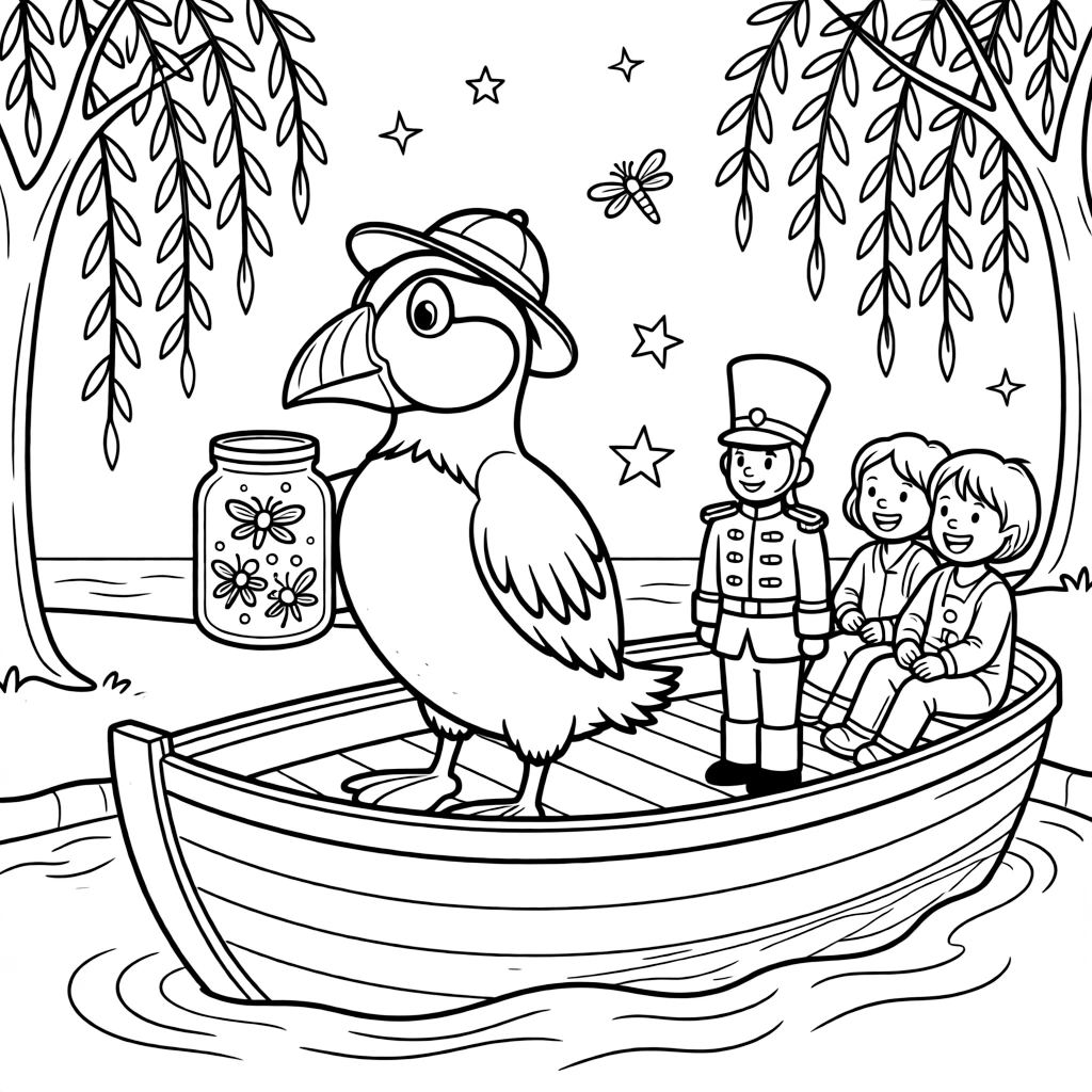 Plucky and full of excitement, a puffin fisherman spends the day catching fireflies in a jar to light up the night on a riverboat drifting past willow trees. Nearby, a wind-up toy soldier standing at attention adds to the fun. Everyone is laughing and having the best time.