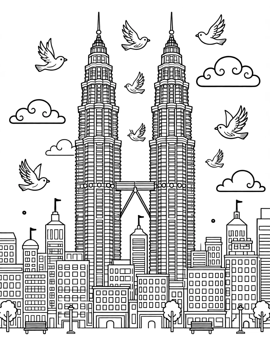A coloring page celebrating Malaysia featuring the tall twin towers rising above a city skyline decorated with lights, with a few small birds in the sky and friendly clouds nearby.