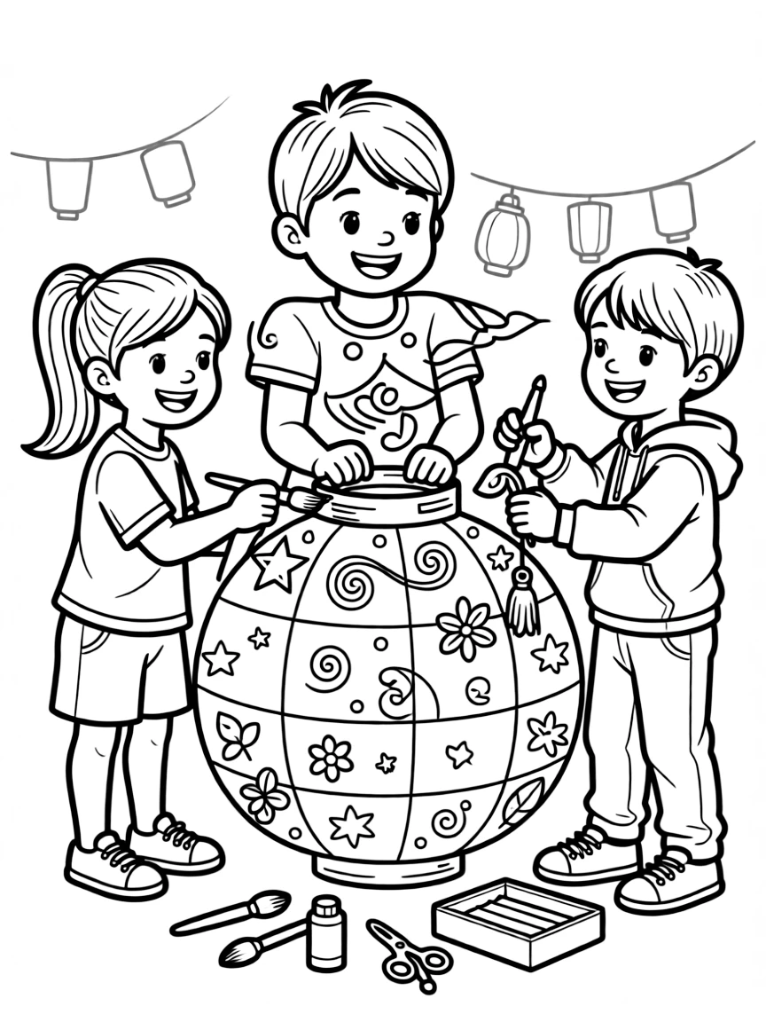 an adventurous group of three kids decorates a paper lantern for a nighttime cultural festival parade.