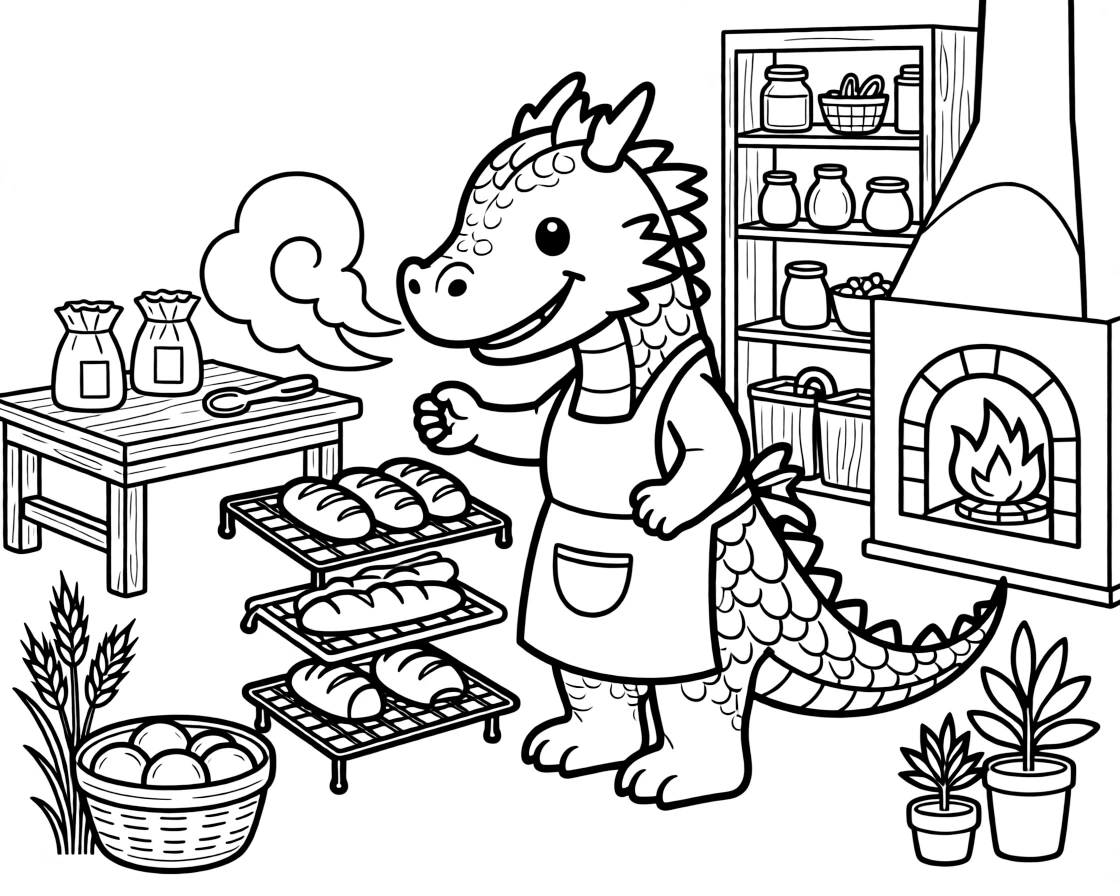 A cheerful dragon works as a village baker, using its warm breath to perfectly toast loaves of bread lined up on cooling racks.