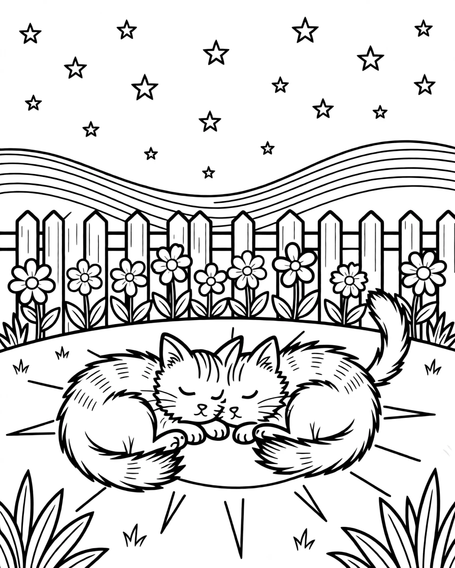[Pets] a playful pair of kittens napping in a cozy sunbeam in a sunny backyard. In the background, flowers bloom along the garden fence, adding extra fun to explore. A wagging tail adds playful motion. It all happens under a starry night sky, with heat waves shimmering in the distance.