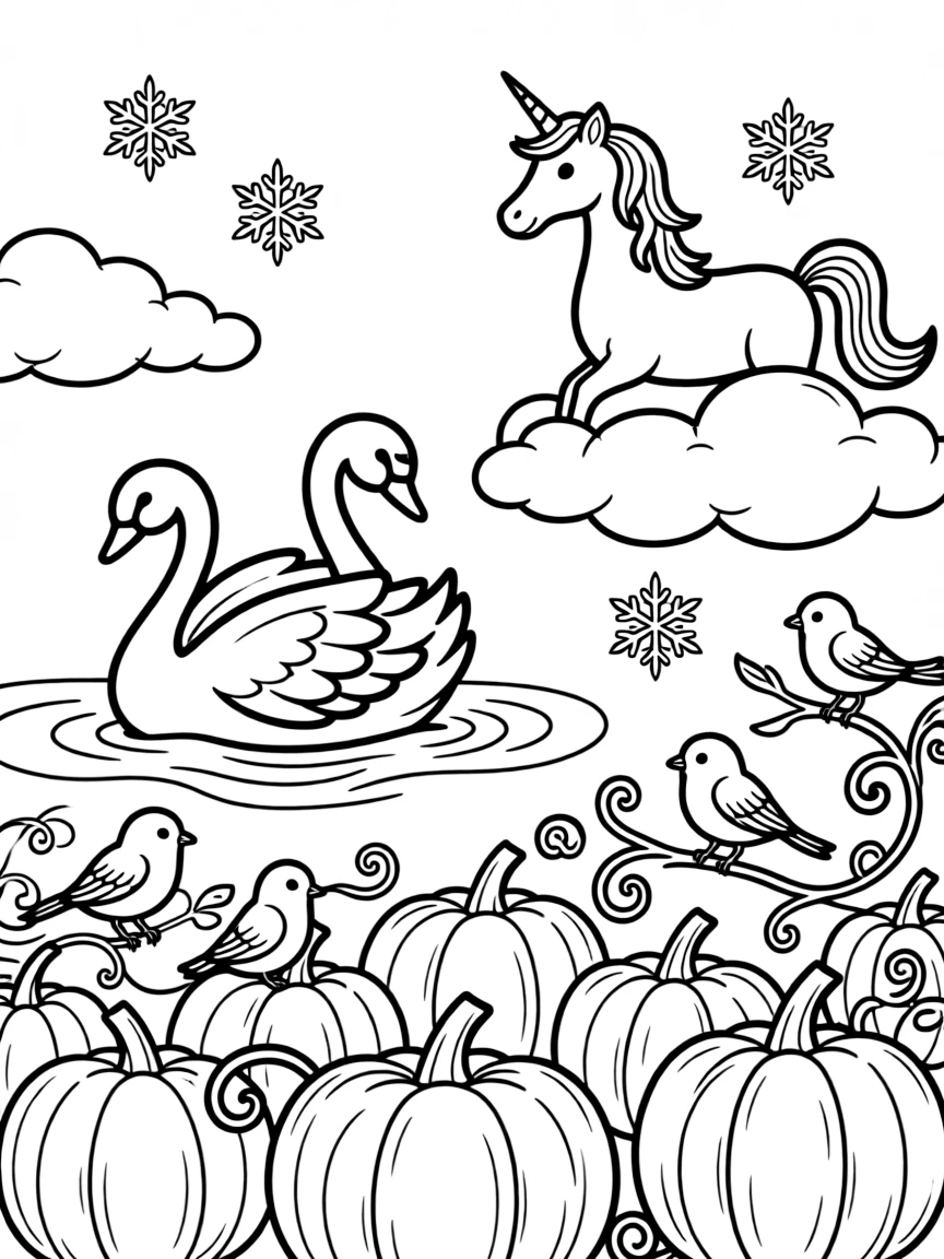 A graceful swan gliding on the water is flying through fluffy clouds on a friendly unicorn in a pumpkin patch on a crisp autumn day. Scattered nearby, gently falling snowflakes and friendly songbirds perched close by fill the page with charm.