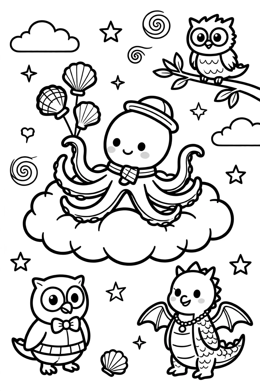 A friendly octopus juggling seashells atop a fluffy cloud floating in a dreamy sky, with a talking owl perched on a branch and a friendly dragon with tiny wings nearby.