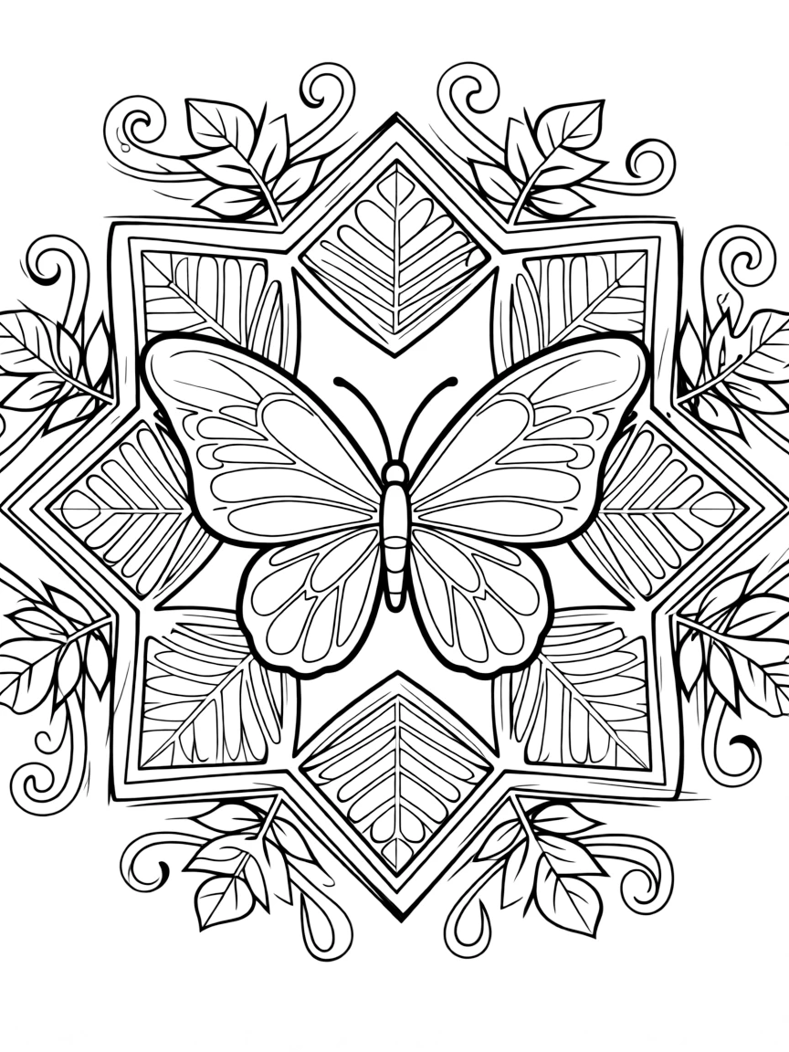 Insects & Bugs: The page presents a small themed scene built around a butterfly with large symmetrical wing panels, tied together by a hexagon-based mandala built from six matching wedges. The scene is arranged in a mirrored scene, with matching elements balanced on the left and right halves of the page. Decorative details fill the surrounding space, including layered leaf clusters, curling paisley teardrops, and curling fern-frond shapes woven throughout the background. A playful extra touch completes the page: a tiny ladybug tucked among the details, easy to spot once found.