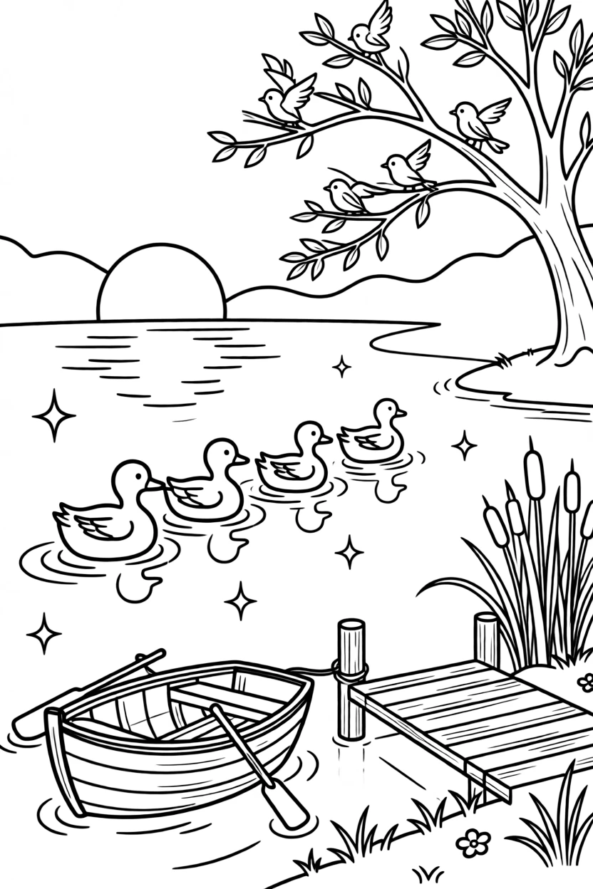 [Lakeside] A family of ducks paddles in a neat line across a calm, glassy lake at sunrise. Songbirds flit between branches of a tree leaning over the water's edge. A small wooden rowboat rests beside the dock, tied to a post near a cluster of cattails. Stars begin to reflect on the water as crickets chirp softly around the campsite.