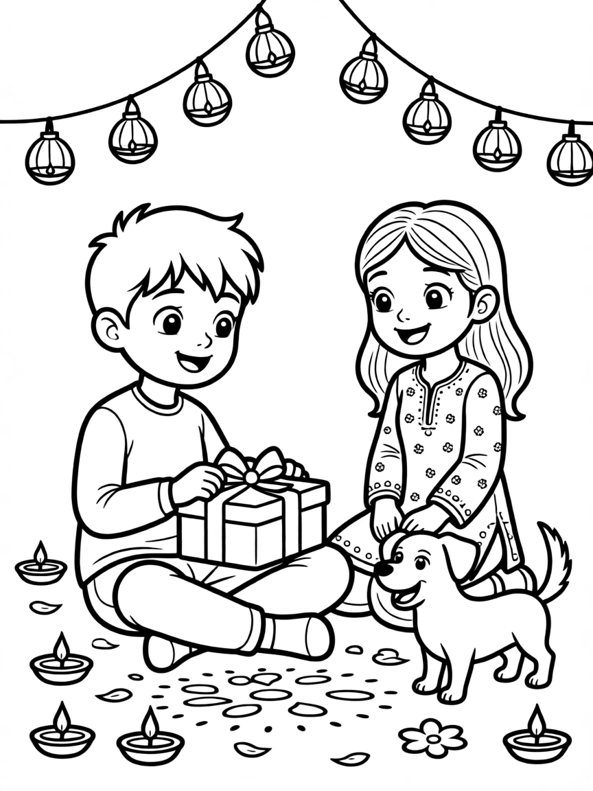 A preteen boy opening a wrapped present during a Diwali celebration with lights with a stepsister while a friendly dog wags its tail.