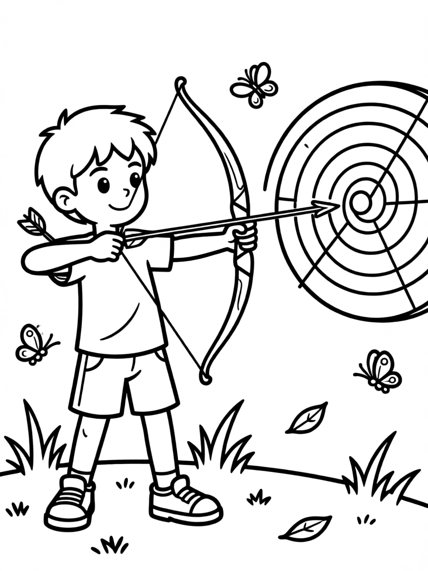 A cheerful young boy, drawing back a bowstring with careful focus, aiming at a colorful target.