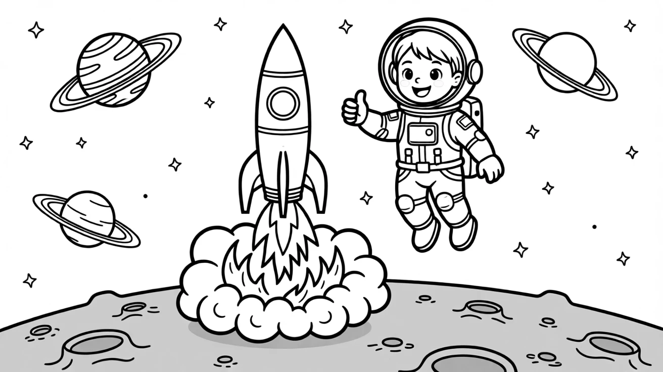This coloring page shows a towering rocket ship blasting off in a cloud of fire making its way across the dusty gray surface of the moon under a starry sky, accompanied by a grinning astronaut giving a thumbs up, while planets with colorful rings floating nearby adds extra charm to the scene.