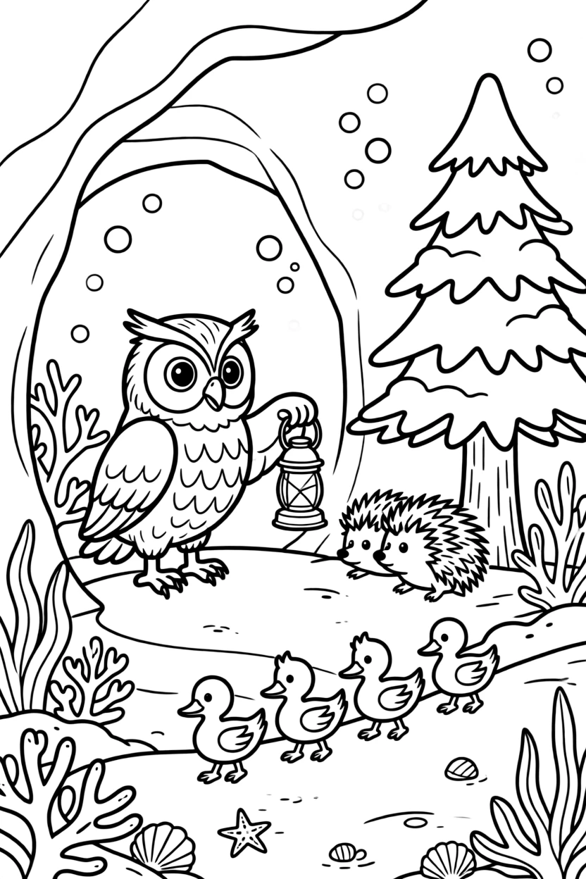 A wise old owl in a coral reef, exploring a cave with a lantern beside a family of hedgehogs, next to a snow-covered pine tree, with a family of ducklings following behind.