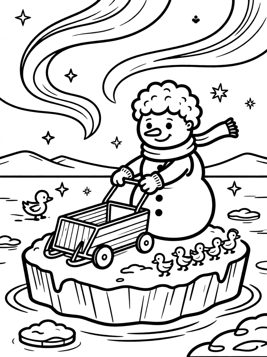 On an iceberg glittering under the northern lights, a starry-eyed gentle giant snowman discovers the joy of putting the finishing touches on a homemade go-kart, while a family of ducklings waddling in a neat line watches happily nearby. Sparkles and stars fill the air with magic.