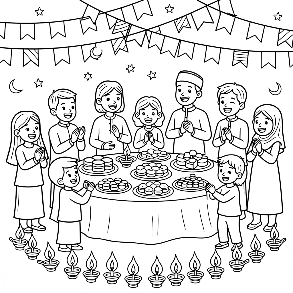 A coloring page showing a lively celebration in Malaysia with the Hari Raya celebration with families sharing sweets and lighting oil lamps, while families clap and cheer and colorful banners hang overhead.