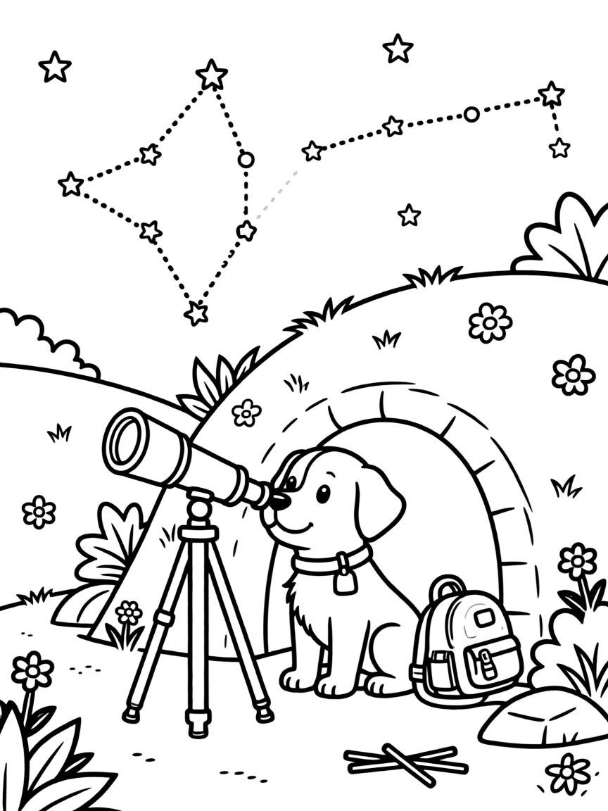 a determined a puppy studies constellations from a hilltop burrow with a tiny telescope.