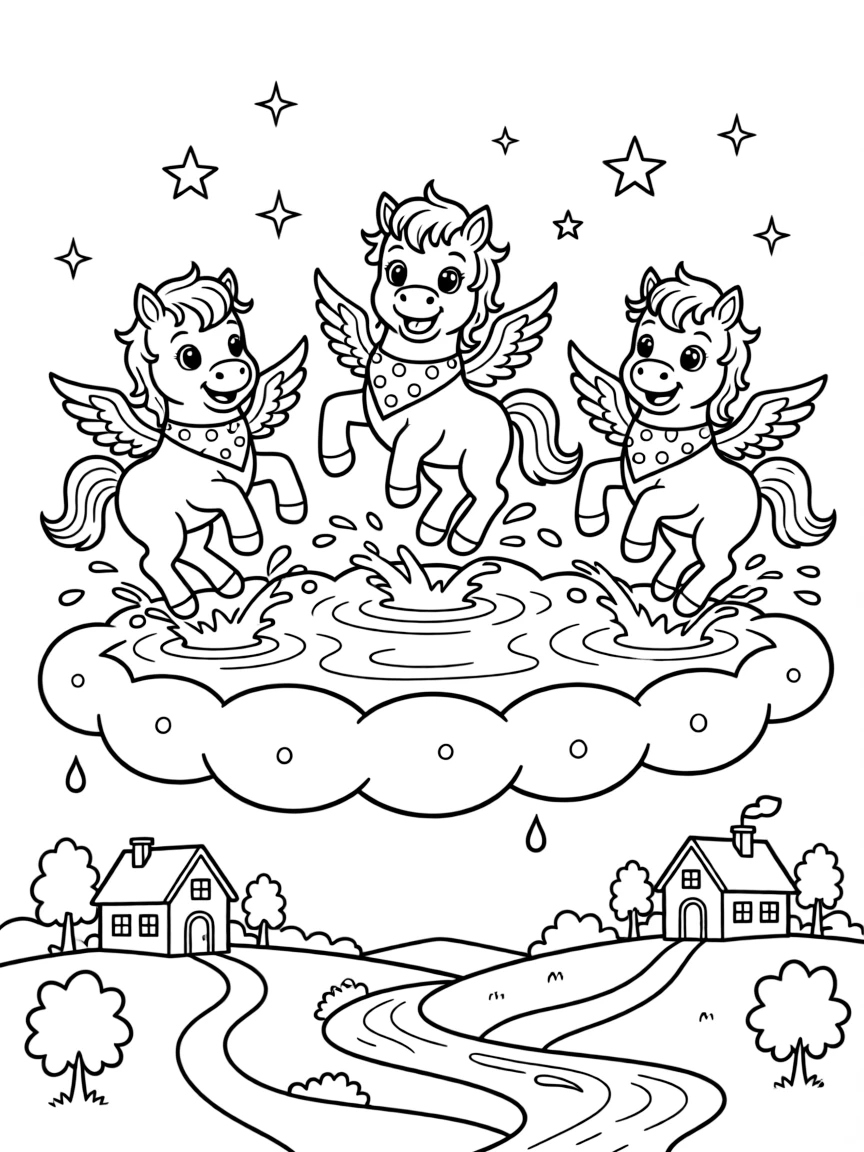A trio of pegasi foals splash playfully through a shallow cloud puddle high above a sleeping kingdom.