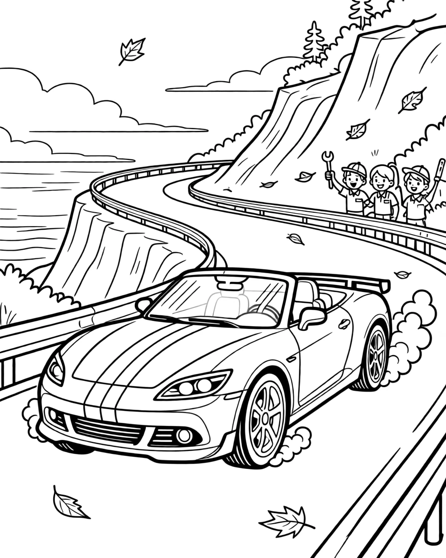 [Race Cars] a shiny convertible race car spinning its wheels at the starting grid along a coastal mountain road. In the background, a pit crew waves tools near the track, adding extra fun to explore. Exhaust pipes puff small clouds of smoke. It all happens on a foggy morning, with autumn leaves swirling in the wind.