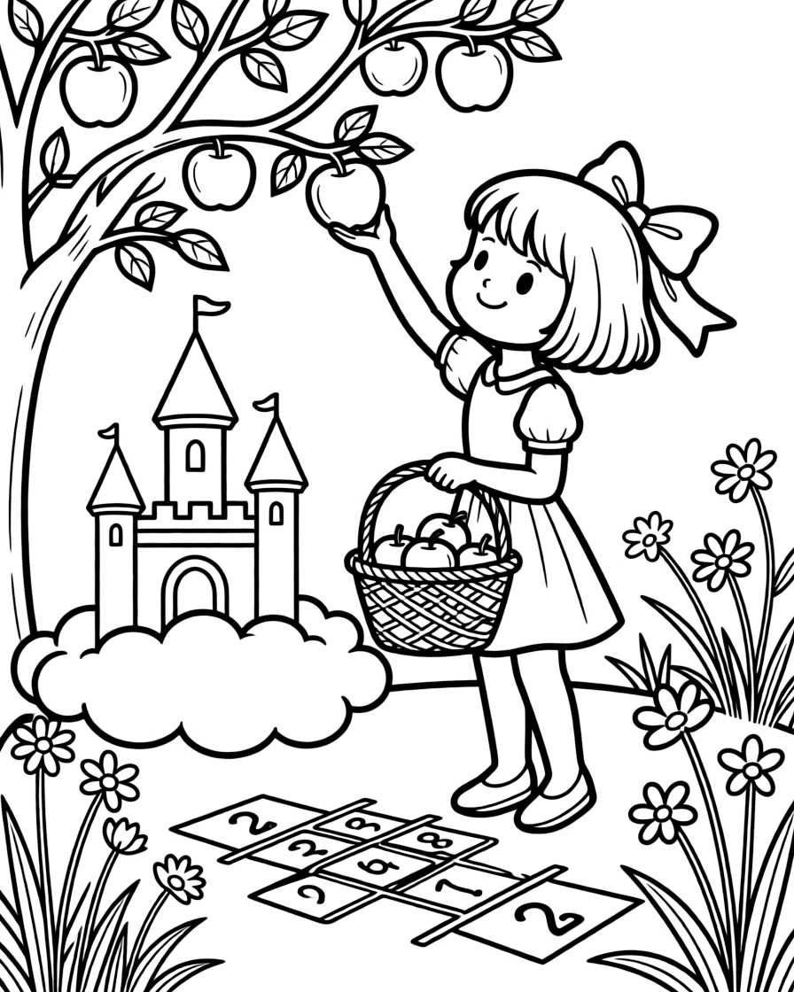 A girl with a bob haircut and a big ribbon is picking ripe apples and filling a woven basket atop a fluffy cloud shaped like a castle. Close by, wildflowers swaying gently in the wind and a hopscotch grid chalked onto the pavement add a sprinkle of wonder to the moment.