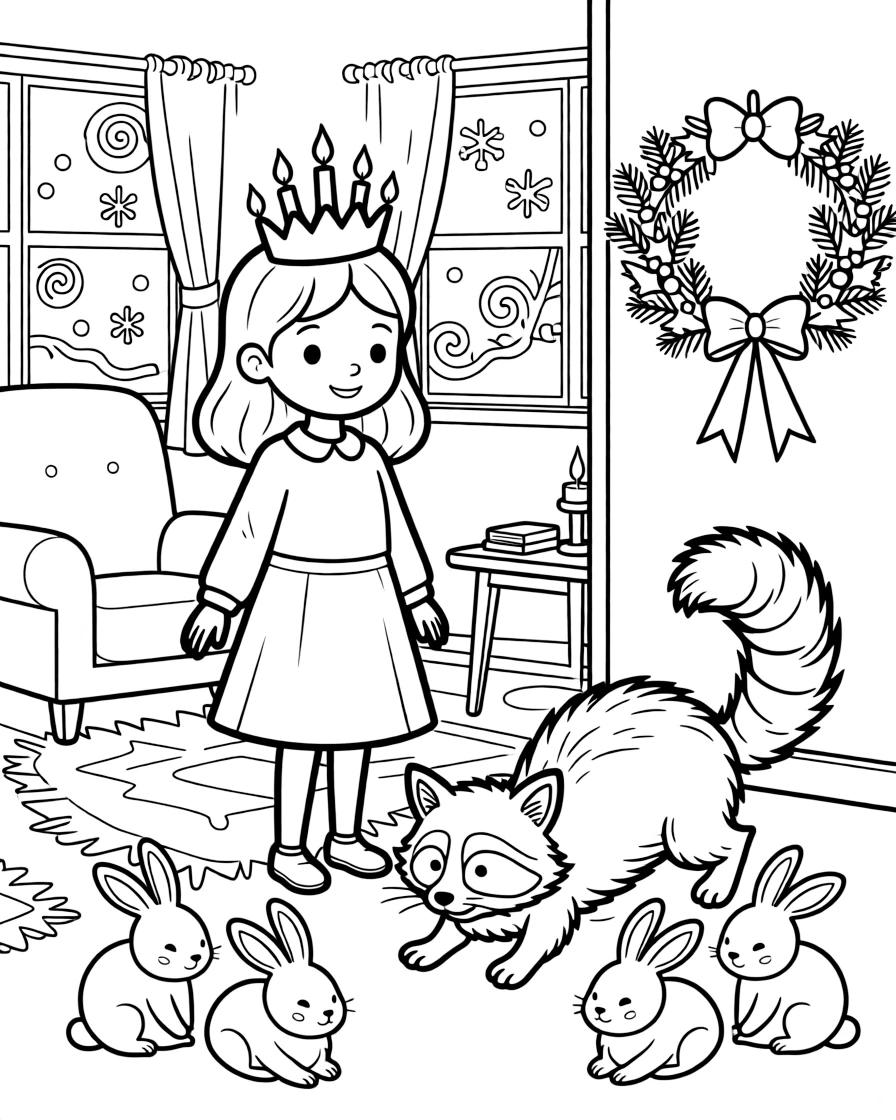 A girl wearing a crown of glowing candles in a warmly lit living room with frost on the windows, with a round raccoon playing close by amid a family of snow-covered rabbits and a wreath tied with a red ribbon.