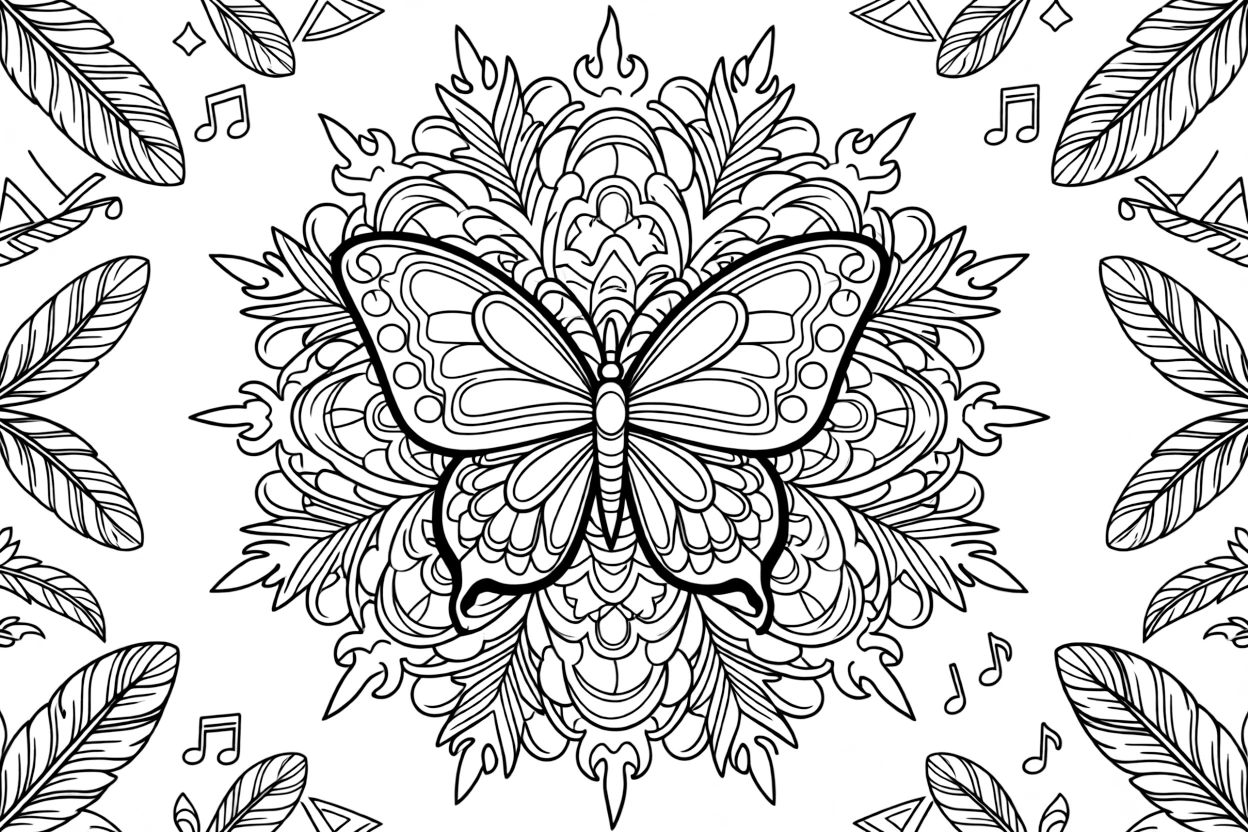 Insects & Bugs: The design turns a butterfly with large symmetrical wing panels into a kaleidoscope-style composition anchored by a scalloped wreath mandala with rounded overlapping arcs. The imagery is reflected six times around a central point, so each wedge of the page mirrors the one beside it. Decorative details fill the surrounding space, including flame-shaped tips curling upward, nested triangle shapes, and fanned feather plumes woven throughout the background. A playful extra touch completes the page: a few tiny musical notes drifting near one corner of the page.