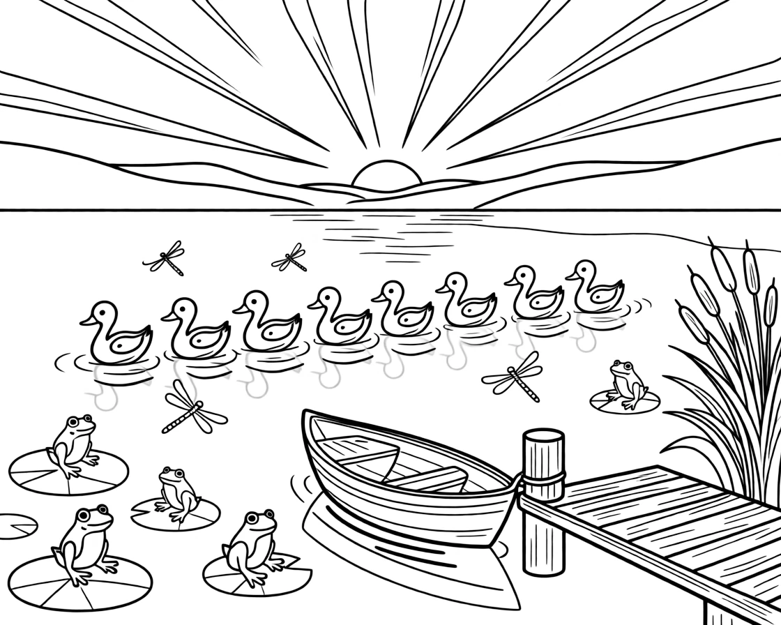 [Lakeside] A family of ducks paddles in a neat line across a calm, glassy lake at sunrise. Dragonflies skim across the surface while frogs sit on lily pads near the shoreline. A small wooden rowboat rests beside the dock, tied to a post near a cluster of cattails. The lake glows pink and gold as the sun rises slowly over the distant hills.