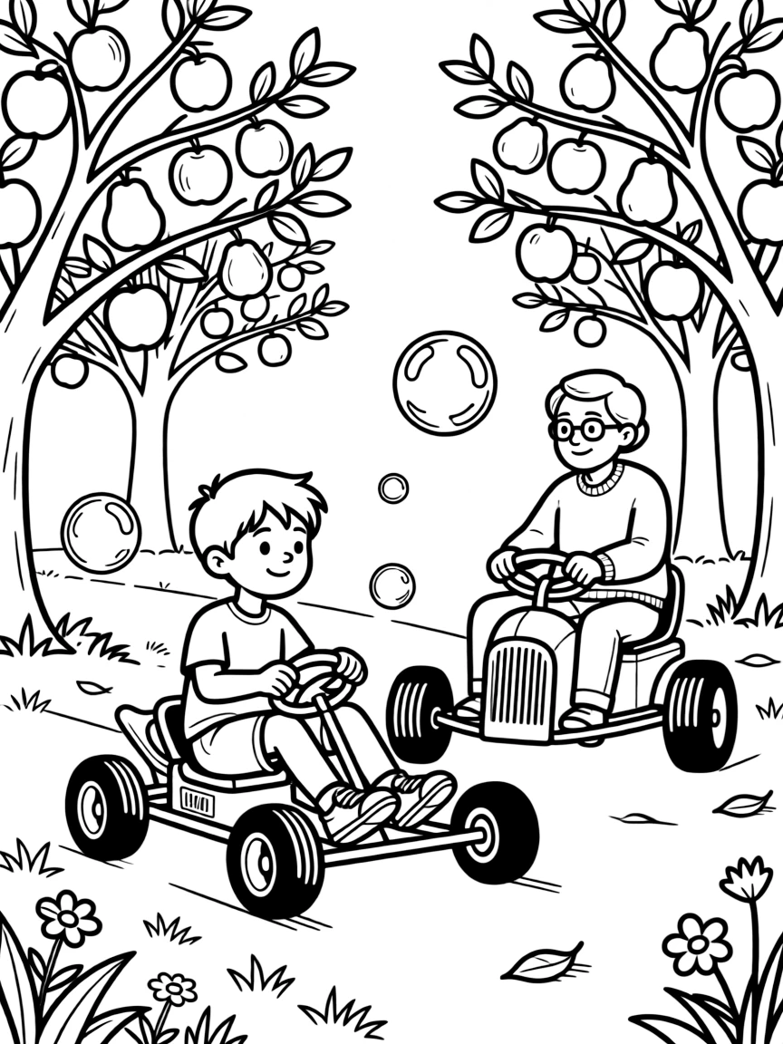 A preteen boy racing a go-kart together with an elderly neighbor in an orchard as soap bubbles float upward.