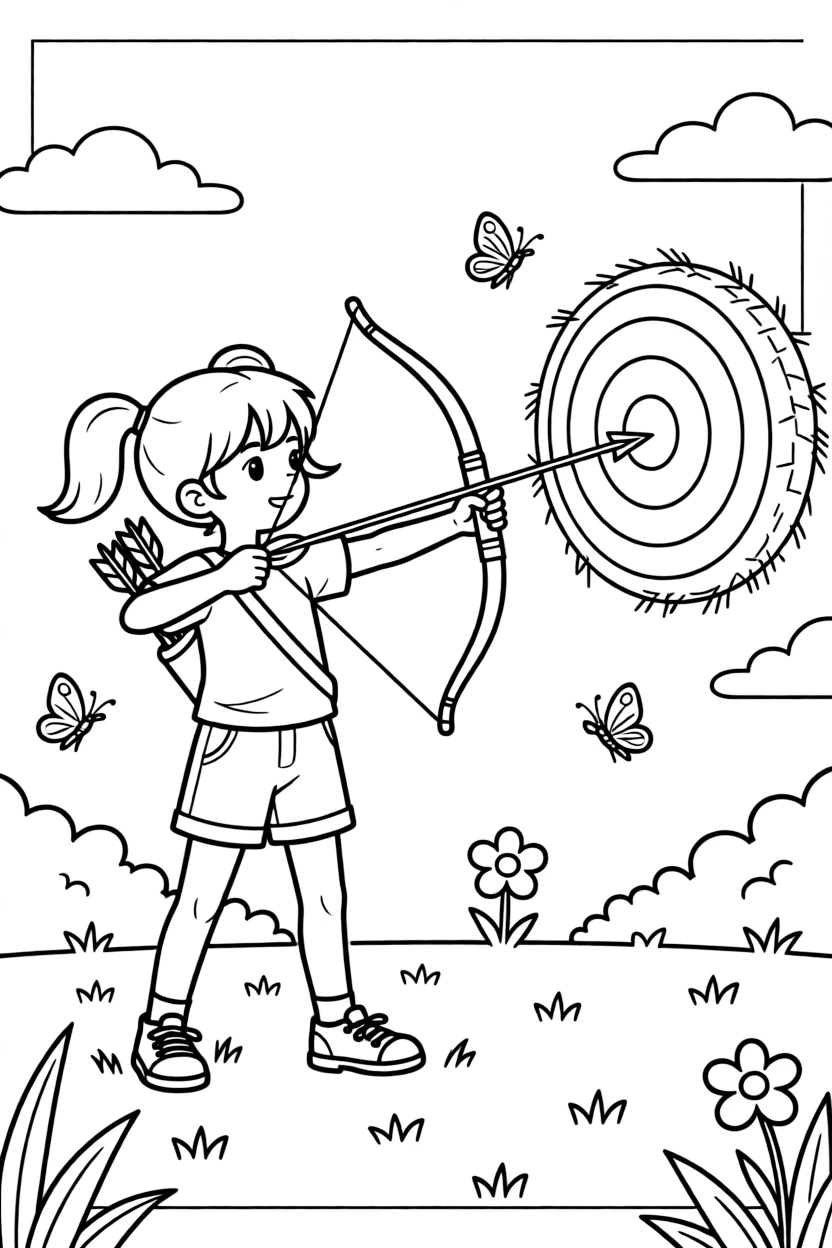 A determined girl with pigtails, releasing an arrow that flies straight into the bullseye of a straw target.