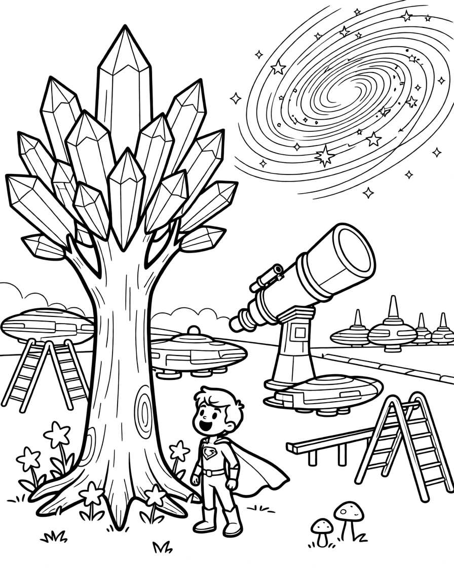 Marshal Astra, a small but mighty super-fast superhero kid measuring the height of a giant crystal tree for a science project, in a starship graveyard turned into a playground for young explorers, with a giant telescope pointed at a swirling galaxy and a row of docked spaceships gleaming in the light nearby.