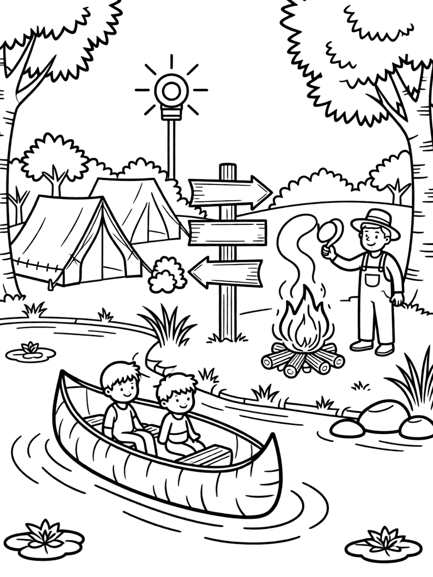 This page centers on a birchbark canoe gliding across a calm lake exploring a cozy campground with tents and a crackling campfire, featuring a friendly farmer tipping his straw hat and little extras like a signal light blinking cheerfully and an old wooden signpost pointing to faraway towns.