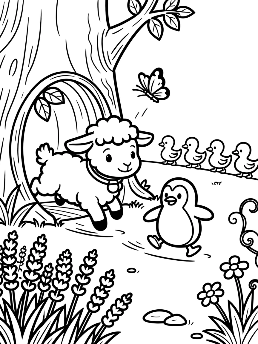 A lamb inside a hollow tree trunk, chasing butterflies through the garden with a chubby penguin, next to a lavender field, with a family of ducklings following behind.