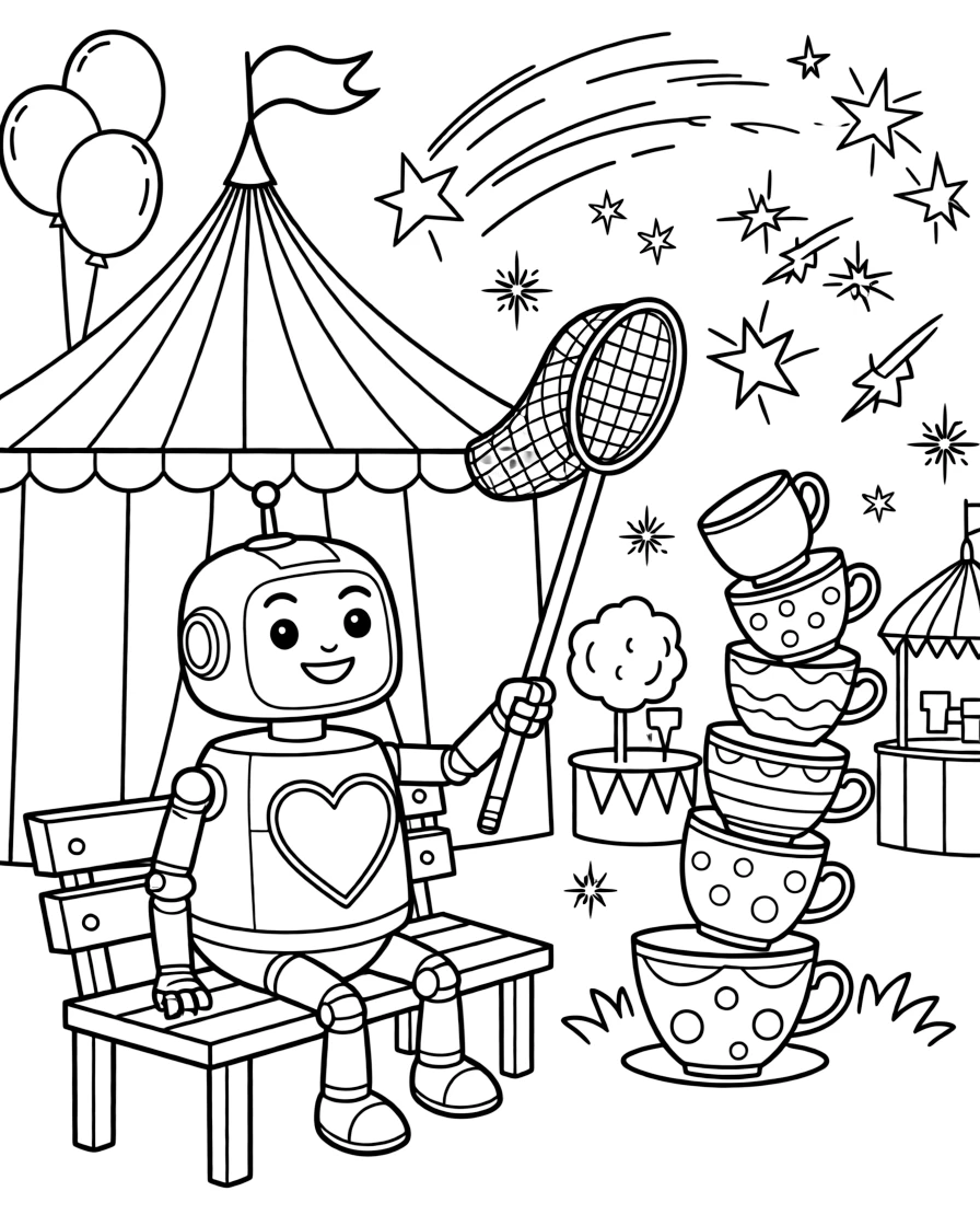 A jolly robot with a heart-shaped screen takes a break from adventures to try fishing for shooting stars with a butterfly net at a county fair with games and a big striped tent, with a wobbly tower of stacked teacups close behind. Sparkles and stars fill the air with magic.