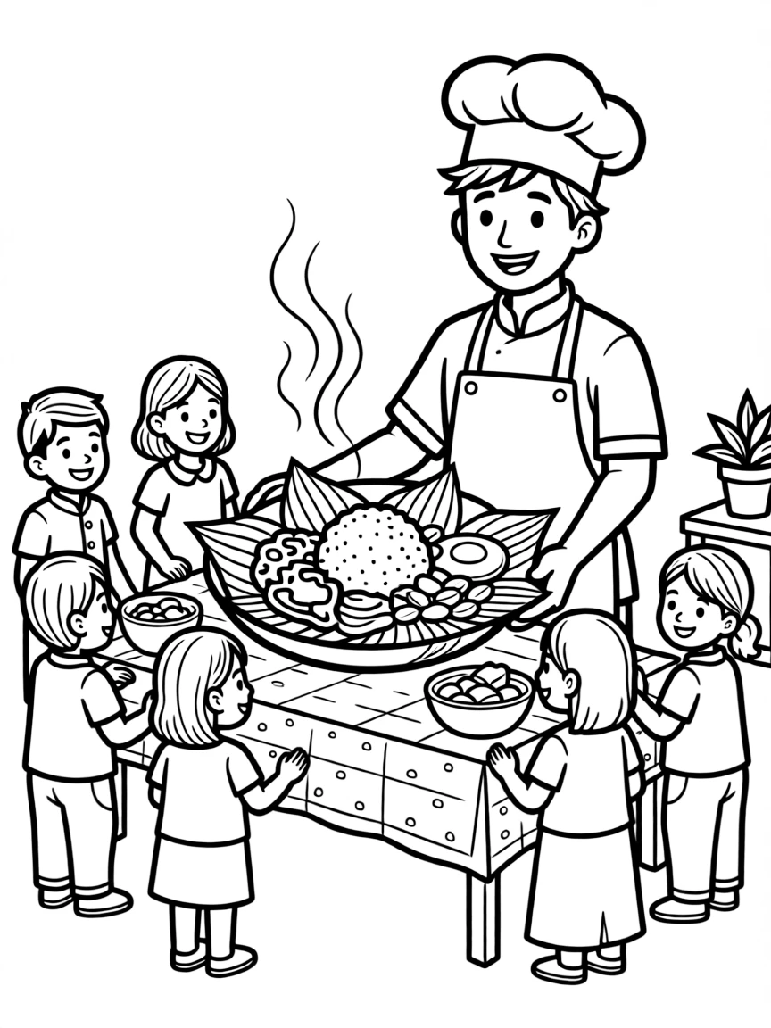 A coloring page of a happy cook in Malaysia presenting a plate of nasi lemak with sambal, egg, and peanuts on a banana leaf, with steam rising and cheerful helpers gathered around the table.