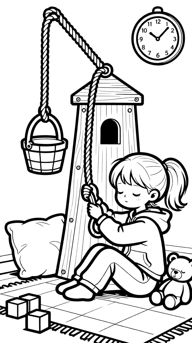 a sleepy young girl invents a simple pulley system to lift a toy bucket up a tower.