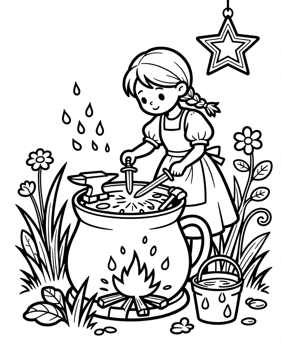 A fairy blacksmith forges tiny swords and shields from dewdrops and starlight inside a thimble-sized forge.