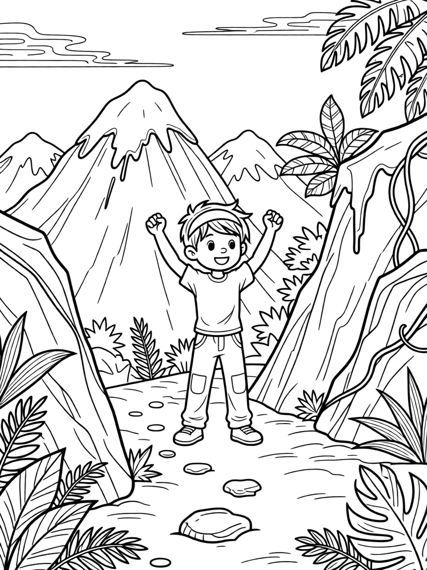 [Explorers] A dynamic scene shows an intrepid mountain climber climbing toward a snowy peak deep in a tropical jungle, cheering with both fists raised. Close by, icicles hang from nearby rocks. Footprints trail across the rugged terrain. The moment unfolds in the late afternoon, with heat waves shimmering in the distance, filled with energetic detail perfect for a young colorist.