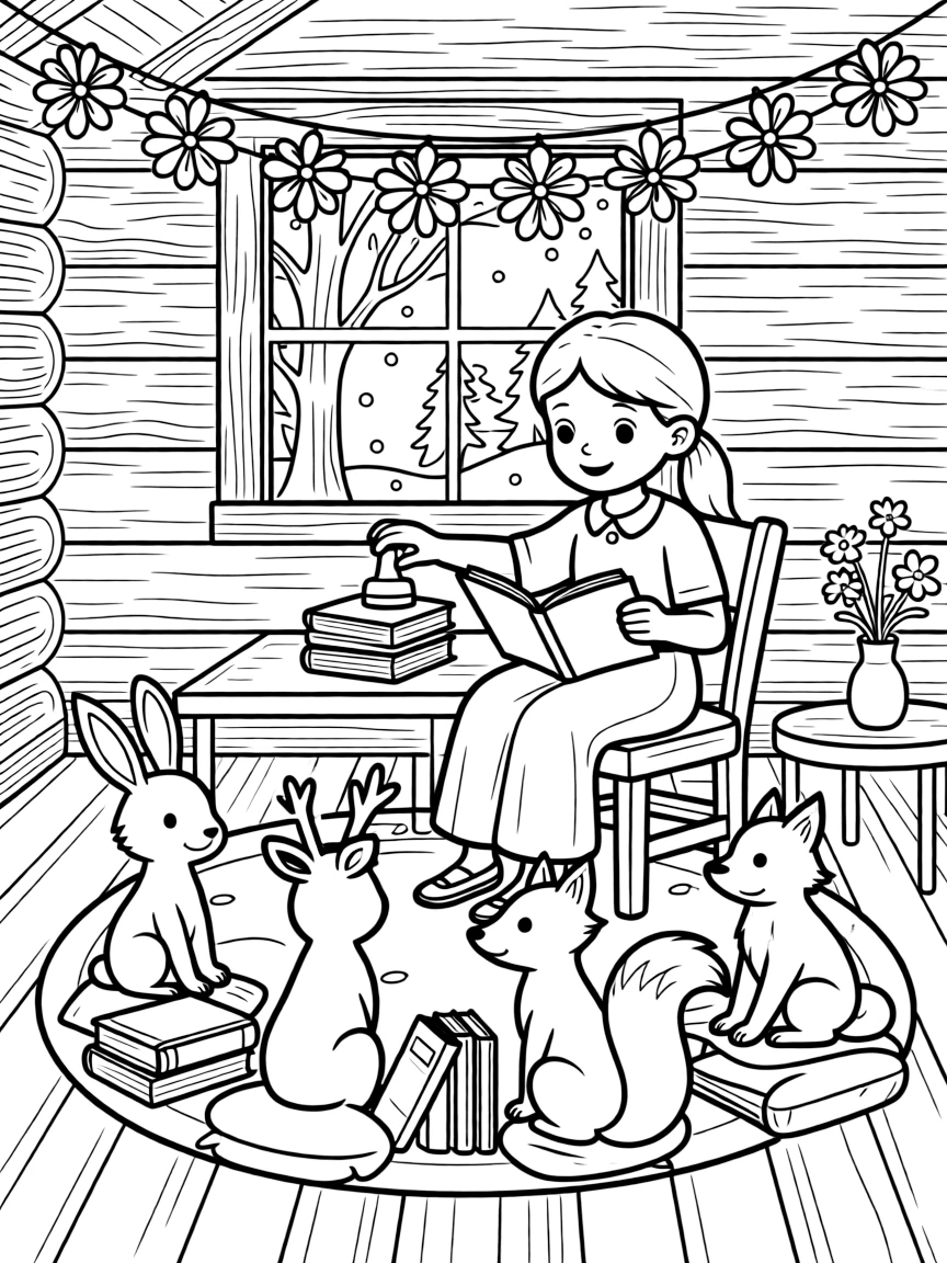 A girl librarian stamping a stack of books is reading a storybook aloud to a circle of animal friends inside a cozy log cabin during a gentle snowstorm. Close by, a garland of paper flowers strung overhead and wildflowers swaying gently in the wind give the moment a cozy feel.
