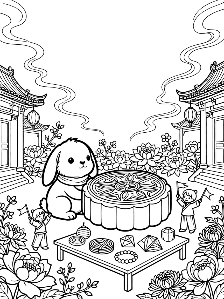 A floppy-eared bunny sitting beside a round mooncake decorated with intricate patterns in a temple courtyard filled with flowers and incense smoke, with children waving small flags and a display of handmade crafts scattered about.