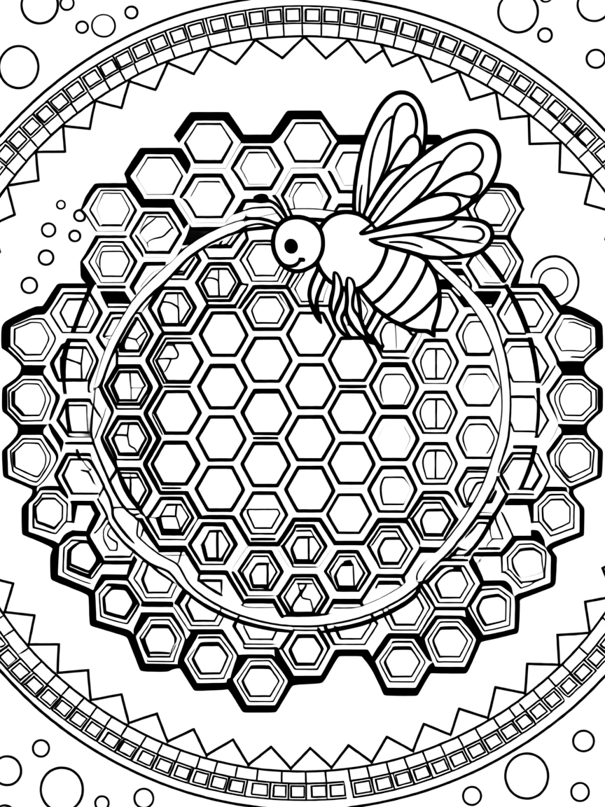 Insects & Bugs: The main subject is a honeybee hovering beside a honeycomb cell, drawn as the focal point of a diamond lattice mandala crossing over itself in a grid. It is placed dead center, with the surrounding rings mirrored perfectly across every direction. Decorative details fill the surrounding space, including rows of small square tiles, a grid of lattice diamonds, and clusters of round bubbles woven throughout the background. A playful extra touch completes the page: a cluster of small bubbles rising near one side of the page.