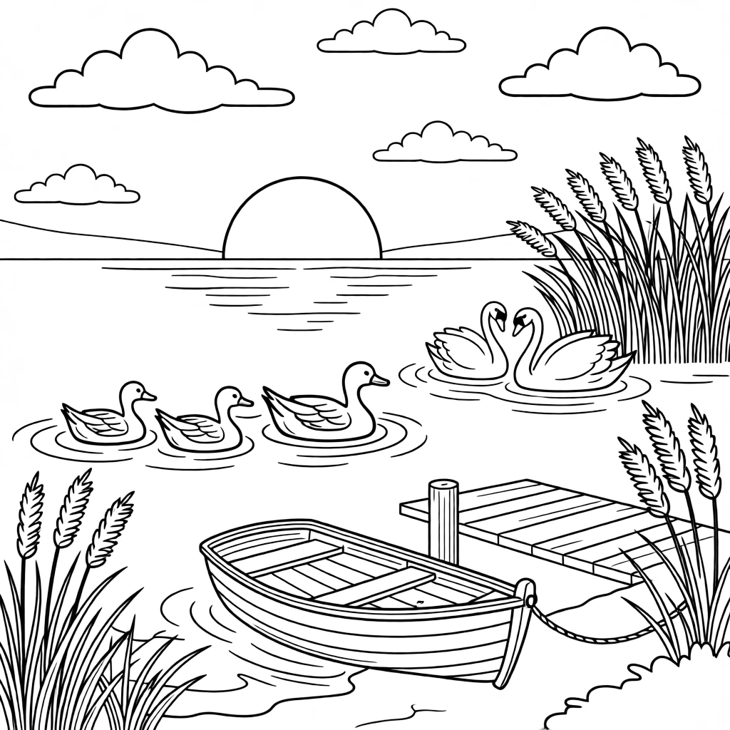 [Lakeside] A family of ducks paddles in a neat line across a calm, glassy lake at sunrise. A pair of swans glides gracefully past a cluster of reeds near the shore. A small wooden rowboat rests beside the dock, tied to a post near a cluster of cattails. A gentle breeze ripples the surface under a sky scattered with fluffy clouds.