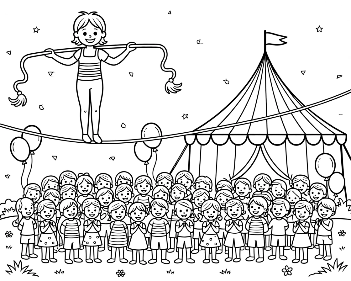 A circus acrobat balances on a tightrope high above a cheering crowd.