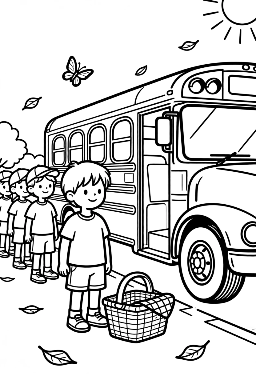 A young child lining up for recess at a school bus with a picnic basket nearby.
