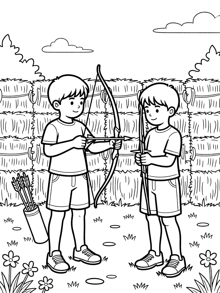 A pair of best friends, practicing stance and grip at an outdoor archery range lined with hay bales.