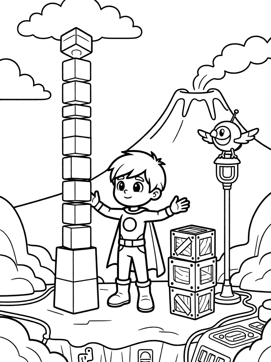 Guardian Vega, a friendly telekinetic superhero kid stacking glowing blocks to build a tower reaching the clouds, in a secret underground base hidden beneath a volcano, with a stack of colorful supply crates and a robotic bird perched on a lamp post nearby.