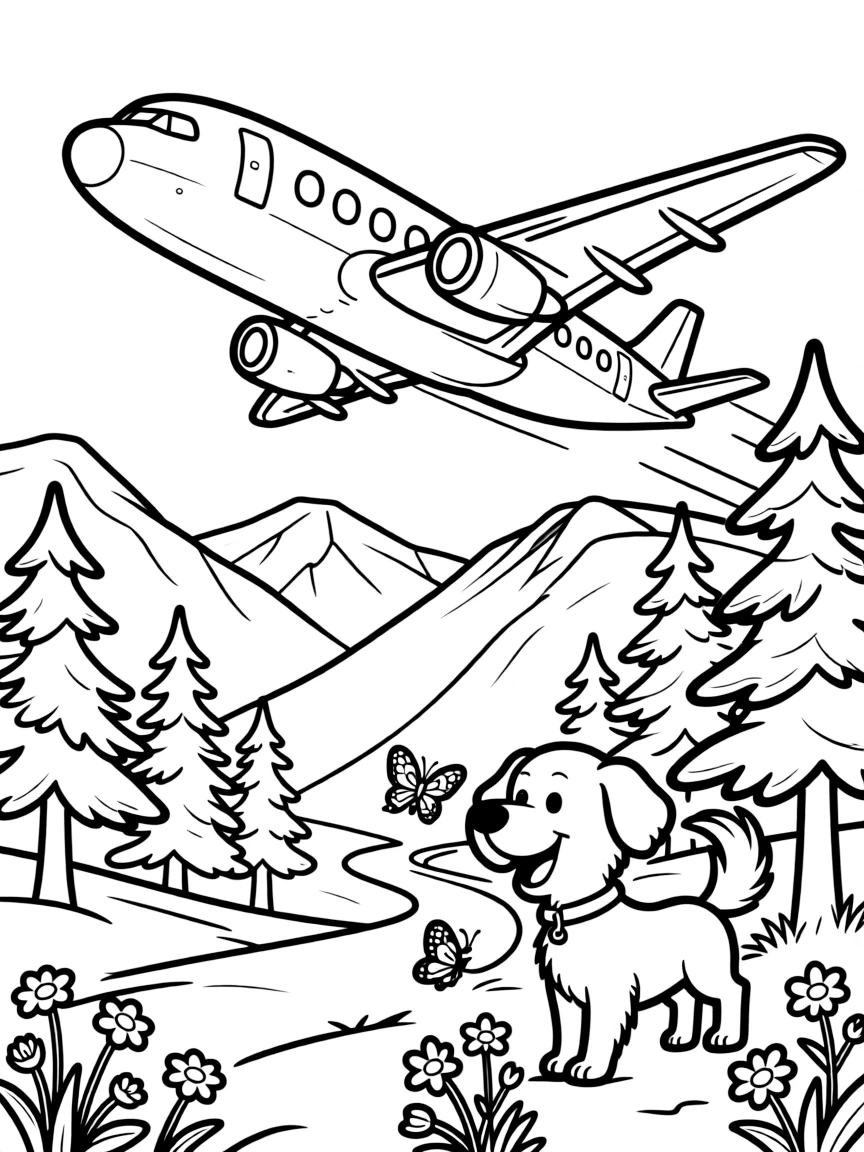 A big, friendly a big jet airliner climbing away from a runway rolls through a snowy mountain pass with pine trees dusted in white, with a friendly dog with its ears flapping in the wind enjoying the ride and butterflies fluttering near a patch of wildflowers adding a playful touch.