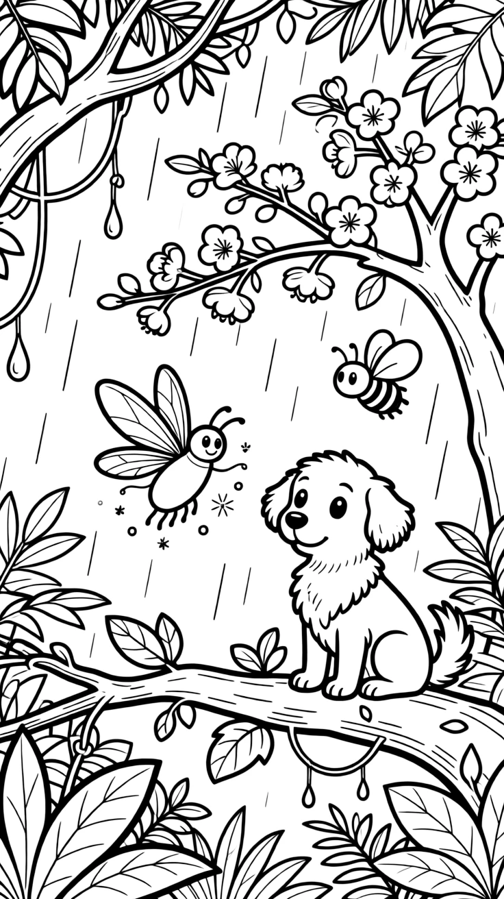 A firefly dancing in the rain with a sheepdog in a bustling jungle canopy, near a blooming cherry blossom tree, while a friendly bee buzzes past.