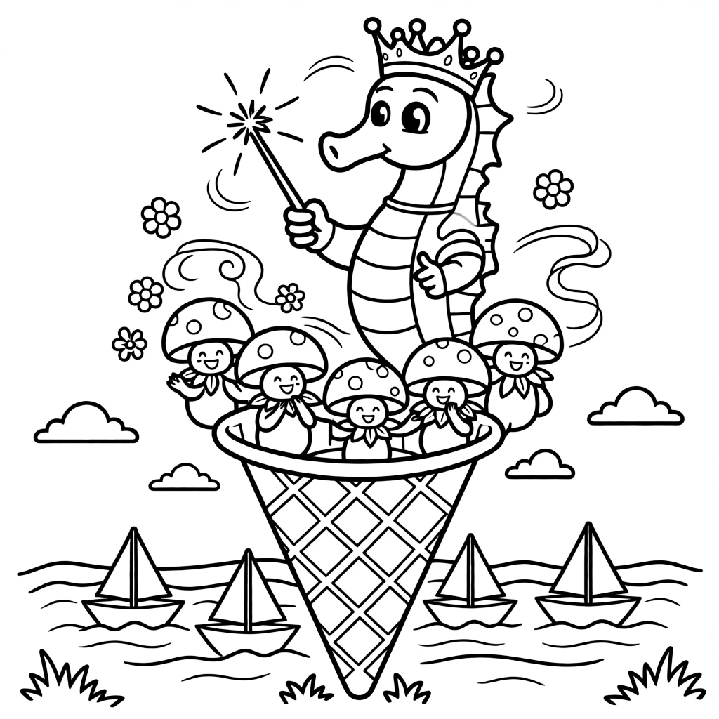 At an ice cream parlor shaped like a giant cone, a wide-eyed seahorse royal guard is busy practicing magic tricks with a sparkly wand, cheered on by a cluster of giggling mushroom sprites and a fleet of tiny paper boats racing along. Everyone claps and cheers at the happy sight.