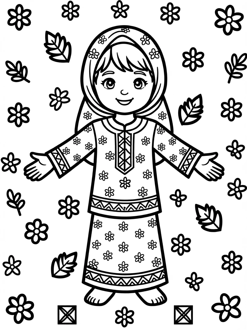 A coloring page portrait celebrating Malaysia, showing a child wearing a baju kurung outfit with a matching headscarf, standing proudly with arms outstretched and a warm smile, surrounded by simple decorative patterns.