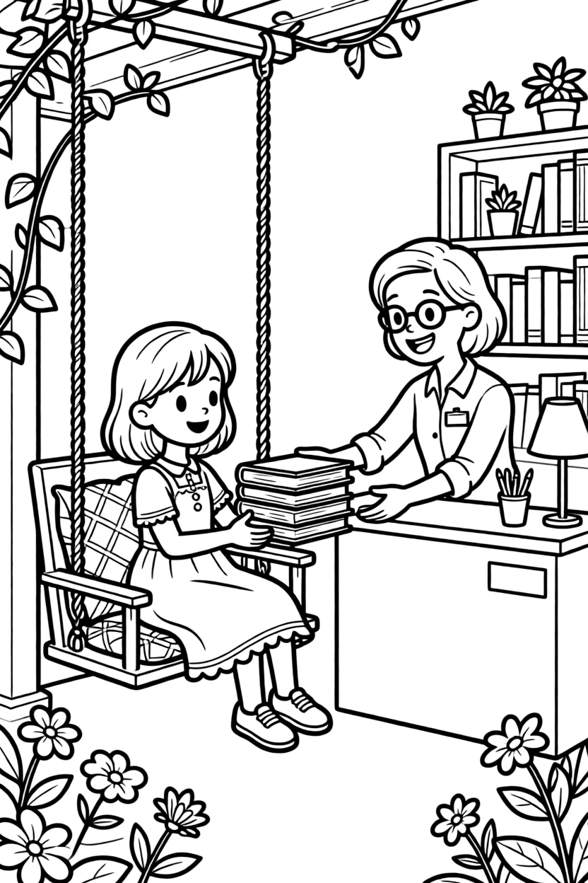 an adventurous little girl sits in a porch swing and returns a stack of borrowed books to a smiling librarian at the front desk.