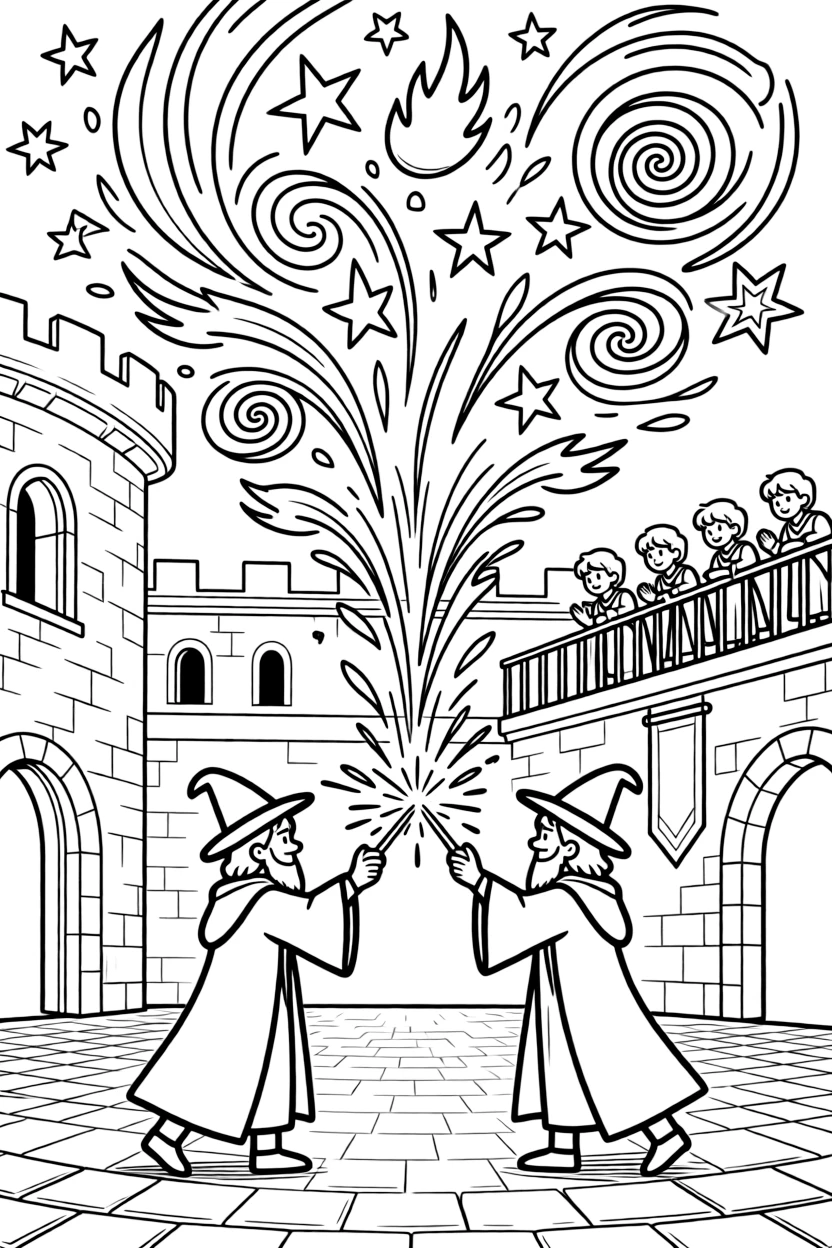A grand wizard's duel sends colorful sparks and shapes swirling above a castle courtyard as apprentices watch from the balcony.
