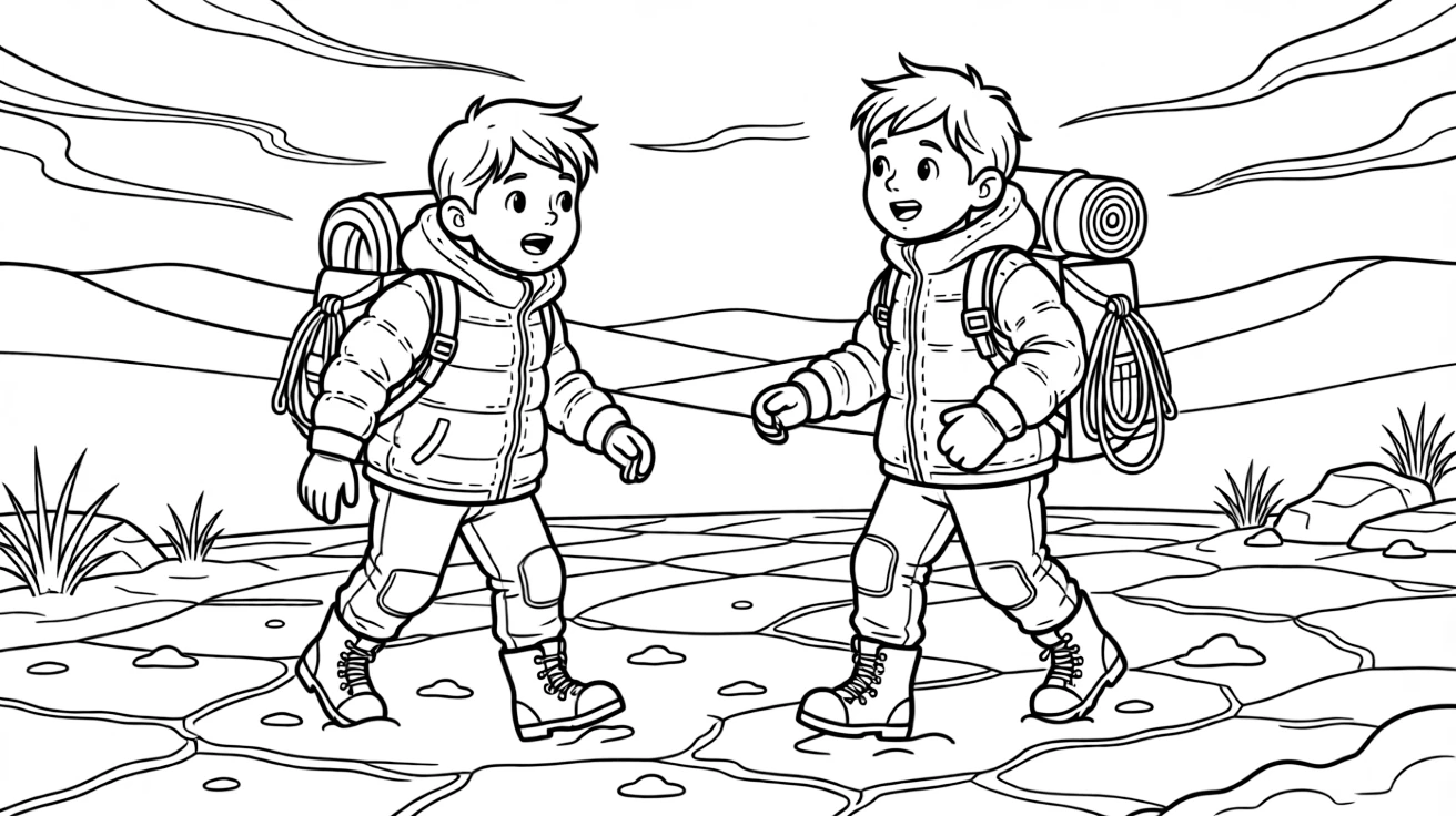 [Explorers] A dynamic scene shows an arctic explorer bundled in warm gear trekking across a frozen glacier across a vast desert, gasping in amazement. Close by, sand dunes stretch to the horizon. A backpack full of gear sits ready. The moment unfolds on a foggy morning, with a light breeze blowing, filled with energetic detail perfect for a young colorist.