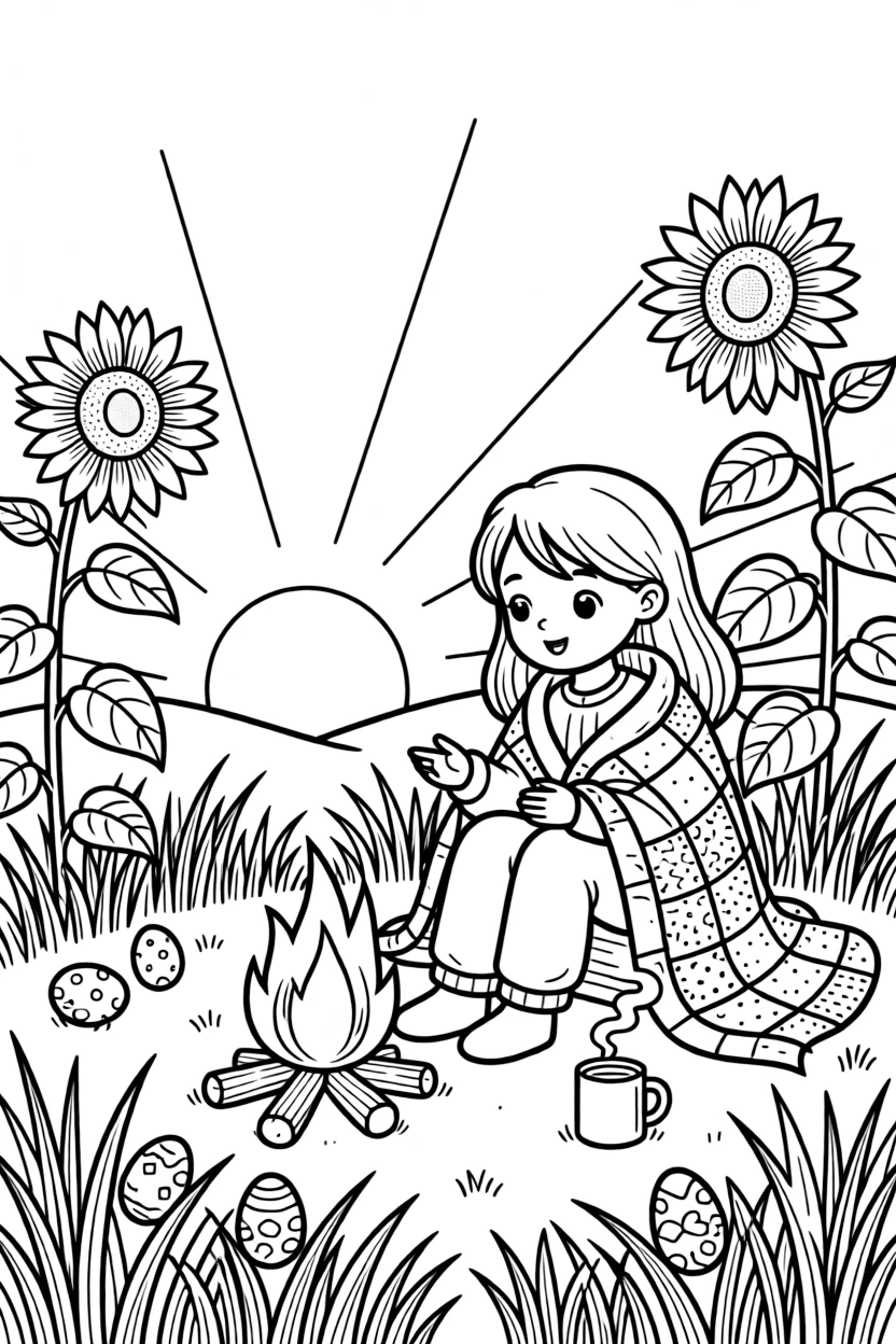 A girl wrapped in a quilt telling stories by firelight is searching for hidden eggs tucked in the grass in a sunflower field at golden hour. a gentle breeze rippling through tall grass and a curling wisp of steam from a warm mug add a sprinkle of wonder to the moment.