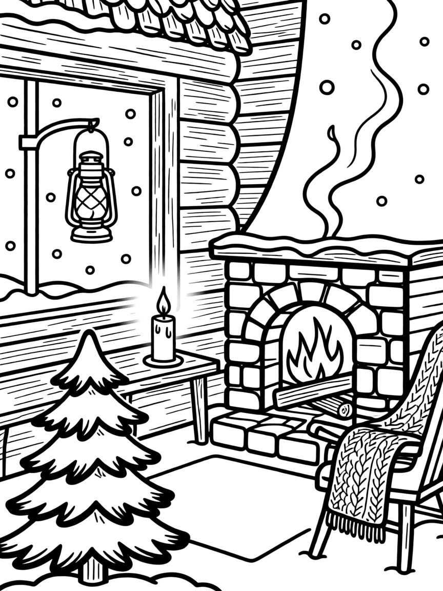 A candle glowing on the year's longest night in a cozy cabin with a crackling fireplace, with a lantern glowing softly in the snow and a snow-covered pine tree nearby.