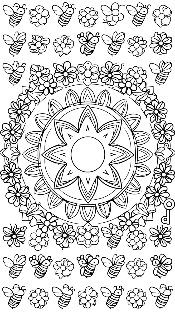 Insects & Bugs: The page centers on a repeating motif of a honeybee hovering beside a honeycomb cell, built around a snowflake-shaped mandala with six symmetrical arms. The motif is shown marching in a repeating row all the way around the border of the page, framing an open medallion left blank in the center. Decorative details fill the surrounding space, including rows of teardrop-shaped petals, angular crystal facets, and layered flower rosettes woven throughout the background. A playful extra touch completes the page: a small key shape tucked discreetly among the pattern details.
